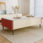 Table basse rectangulaire en faux marbre avec rangement, table basse française crème avec 4 tiroirs, garniture en cuir de selle pour le salon