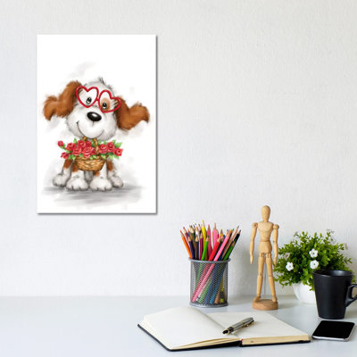 Dog With Glasses And Flowers by MAKIKO - Wrapped Canvas Print