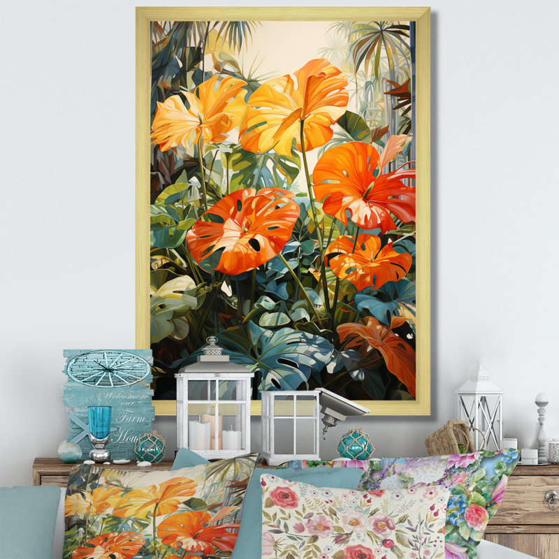 Feuillage tropical orange et vert IV, H 32 po x l 24 po x P 1 po, Encadrement doré