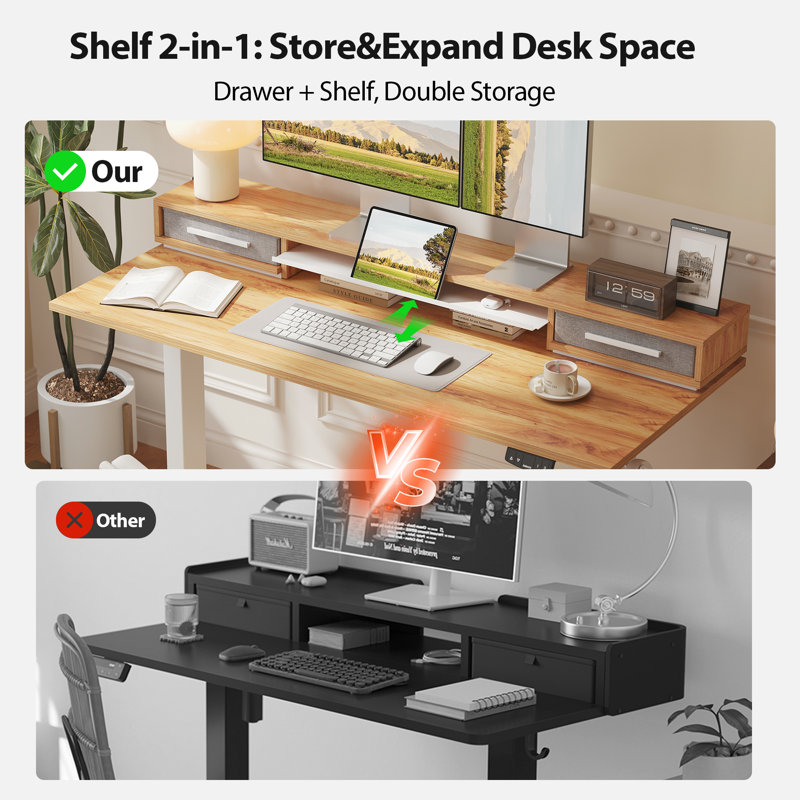 55" Electric Standing Desk With Drawers, Height Adjustable Desk With Retractable Storage Shelf, Stand Up Home Office Computer Table