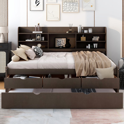 Lit capitaine pleine grandeur en bois avec tablettes intégrées, trois tiroirs de rangement et un lit gigogne, 3 tablettes intérieures gris antique
