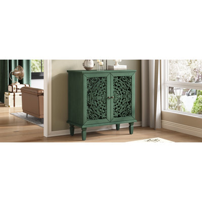 Commode d'appoint rétro sculptée, buffet de rangement à 2 portes avec motif floral symétrique, tablette réglable et pieds en bois massif pour le vestibule du salon (vert antique)