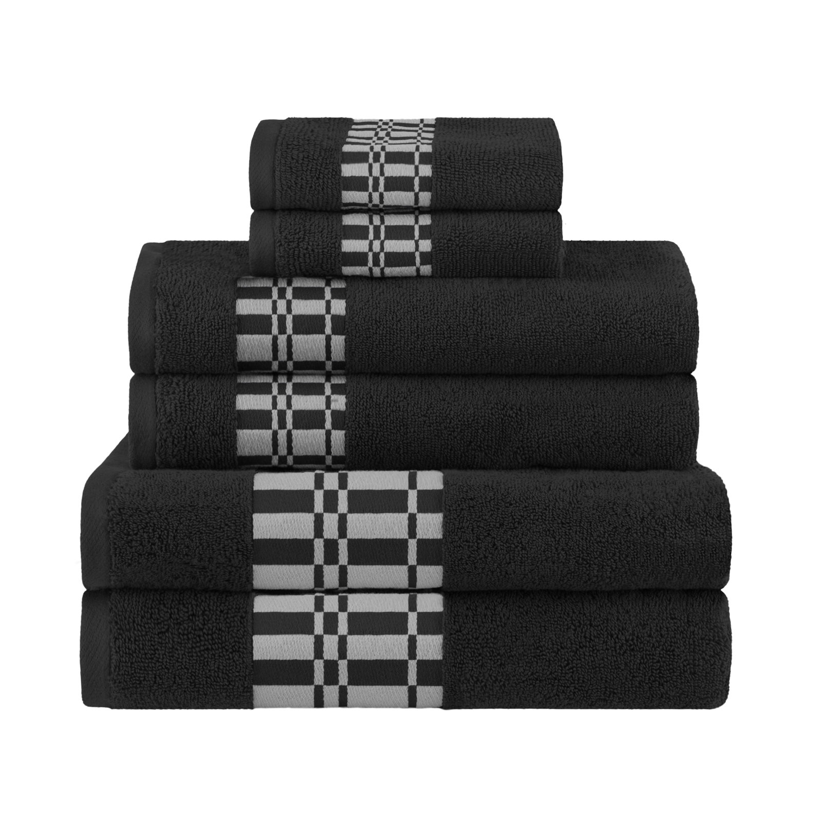 Mikira Larissa Cotton Medium Weight Geometric Border 6 Piece Assorted Towel Set, Black