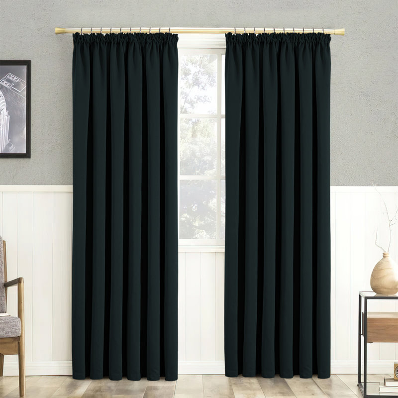 100% Polyester Blackout Pencil Pleat Room Darkening 230 GSM Curtains (Set of 2), Black, 183cm Width x 228cm Drop