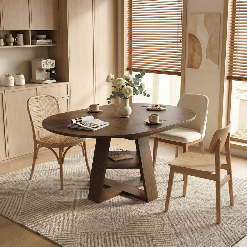 43.3–59″ Extendable Dining Table with Removable Leaves & Storage Shelf, Walnu