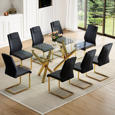 Ensemble de table de salle à manger 71 "en verre trempé pour 6 à 8 personnes, base en métal doré avec chaises de table en cuir PU imperméable