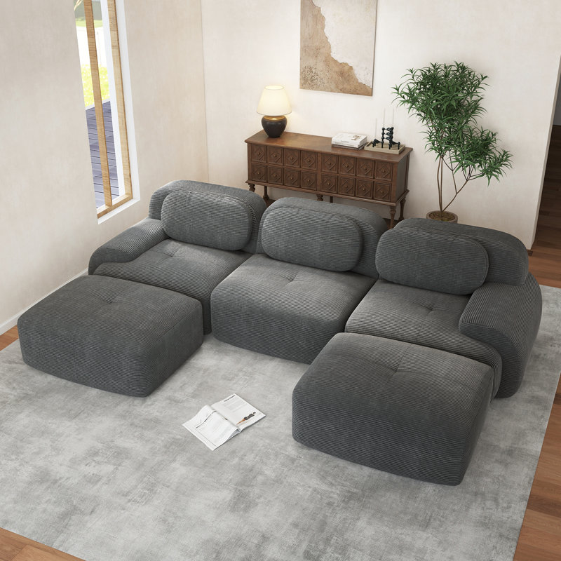 Compression Sofa, U Shape Sofa, Corduroy Fabric Sofa, For Living Room, Gray Corduroy