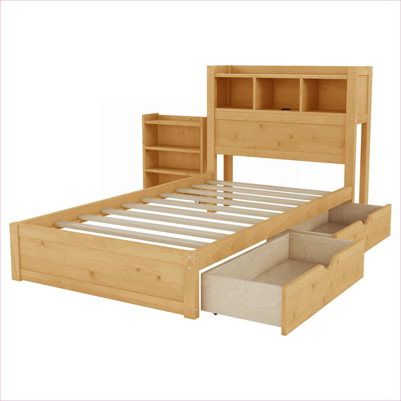 Pour les petites chambres Lit plateforme simple moderne en bois massif naturel avec rangement intégré et éclairage