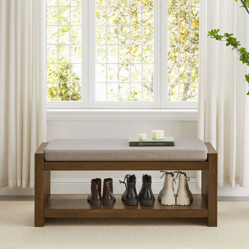 Accent Bench With Lower Shelf Shoe Rack, Padded Seating Bench, Gray, 18.5" H x 47" W x 16.25" D