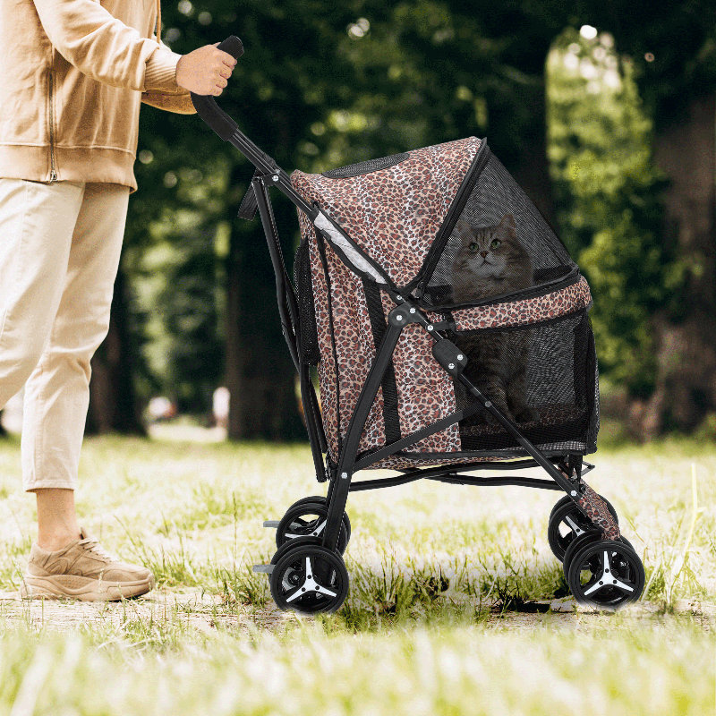 Leopard Print Steel Frame Dog Stroller with Mesh Windows