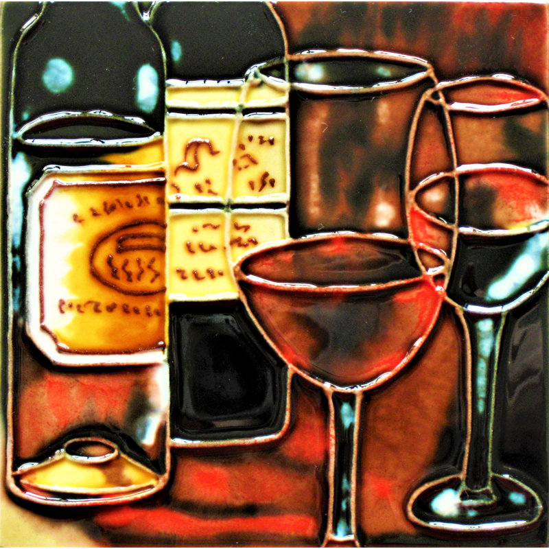 Dark Wine Ceramic Art Tile Wall Decor with Glasses