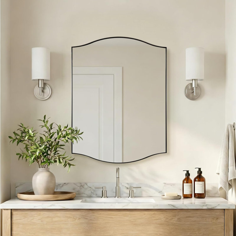 Dual Arch Scalloped Rectangular Bathroom Wall Mirror | Stainless Steel Frame, Brushed Nickel, 32" x 24"