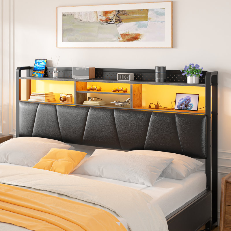 Tête de lit rembourrée avec rangement en polyuréthane avec lumières DEL et station de charge, Chêne gris, Double