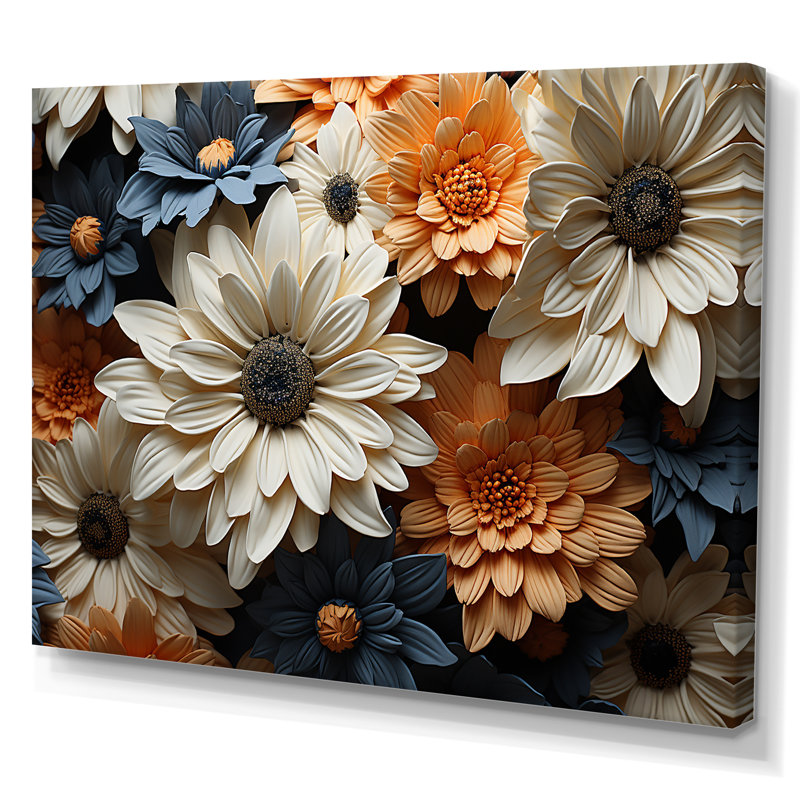 «White and Orange Daisy Florescence Radiance» - Art mural marguerites, H 12 po x l 20 po x P 1 po, Toile tendue