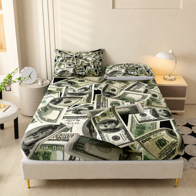 Orylavena Scattered $100 Bill Print Microfiber Fitted Sheet Set with 2 Pillowcases, Queen, 14-Inch Pocket