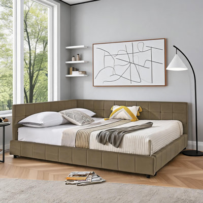 Grand lit plateforme touffeté en velours brun chaud, cadre rembourré multi-usage avec dossier pour la chambre à coucher et le salon