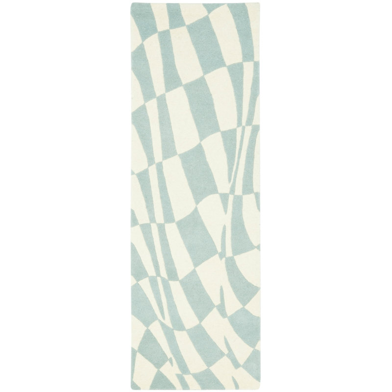 Tapis bleu / ivoire en laine touffeté à la main Amier, Tapis de couloir 2 pi 6 po x 8 pi