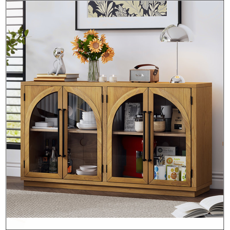 Grande armoire-buffet à 4 portes avec portes en verre, conception arquée et tablettes réglables pour une utilisation polyvalente