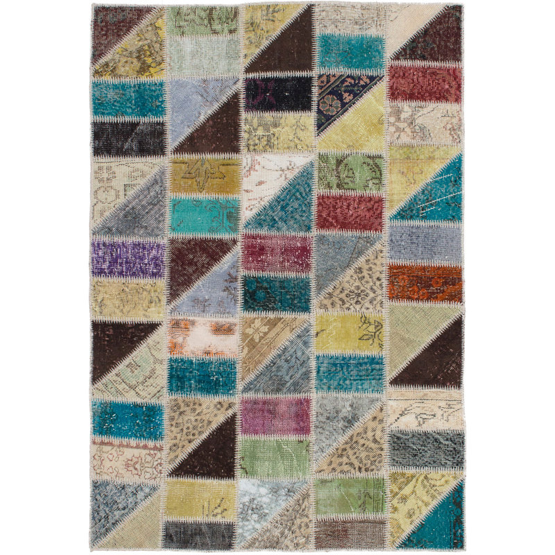 Tapis unique en laine noué à la main bleu foncé / mauve / gris de style patchwork des années 2010 de 4 pi 6 po x 6 pi 8 po Kamraan