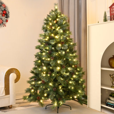 Pre-Lit Frosted Pine Artificial Christmas Tree with Pine Cones, Auto Open Branches & Metal Stand