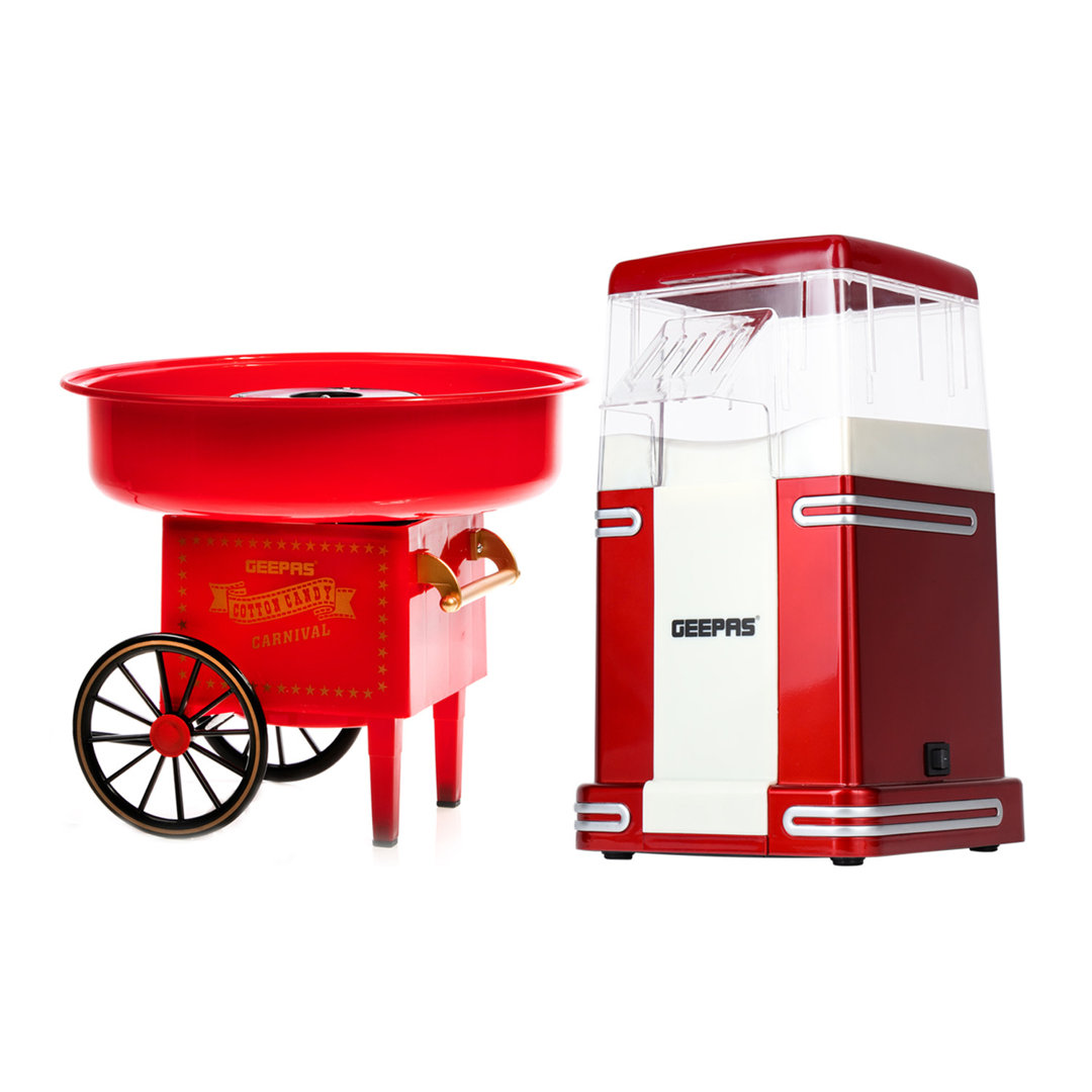 GEEPAS Electric Popcorn Maker Machine & Cotton Candy Maker Set | Makes Hot, Fresh, Fat-Free Theatre Style Popcorn Anytime, Oil-Free Popcorn Popper, Ca