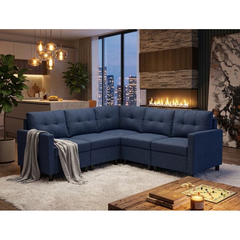 Canapé modulaire de coin rembourré Kentrell pour petit espace de vie, Lin bleu