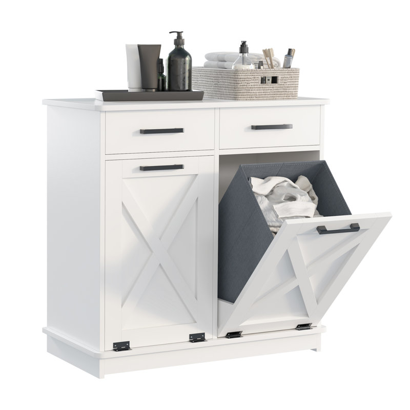 Double Tilt-Out Laundry Hamper Cabinet Hidden Laundry Cabinet With 2 Drawers & 2 Baskets For Bathroom, Kitchen