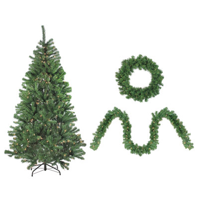 4-Piece Artificial Winter Spruce Christmas Tree Wreath and Garland Set 6.5' - Clear Lights