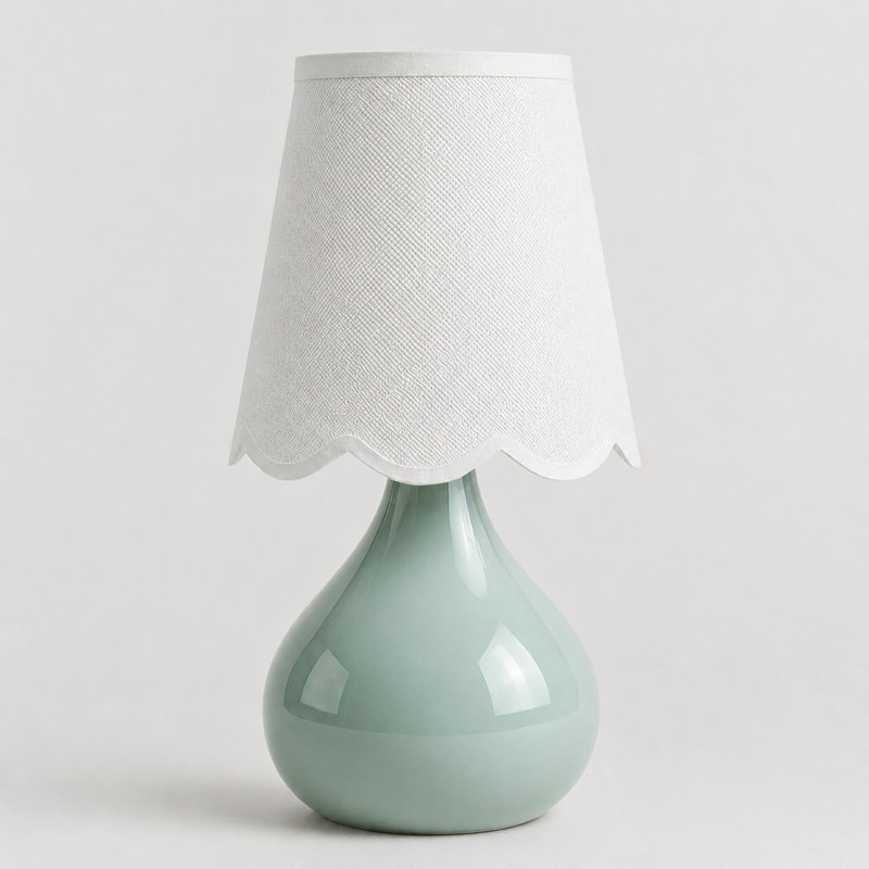 14" Cordless Sage Green Ceramic Bedside Lamp with Scalloped Linen Shade and LED Bulb, Green