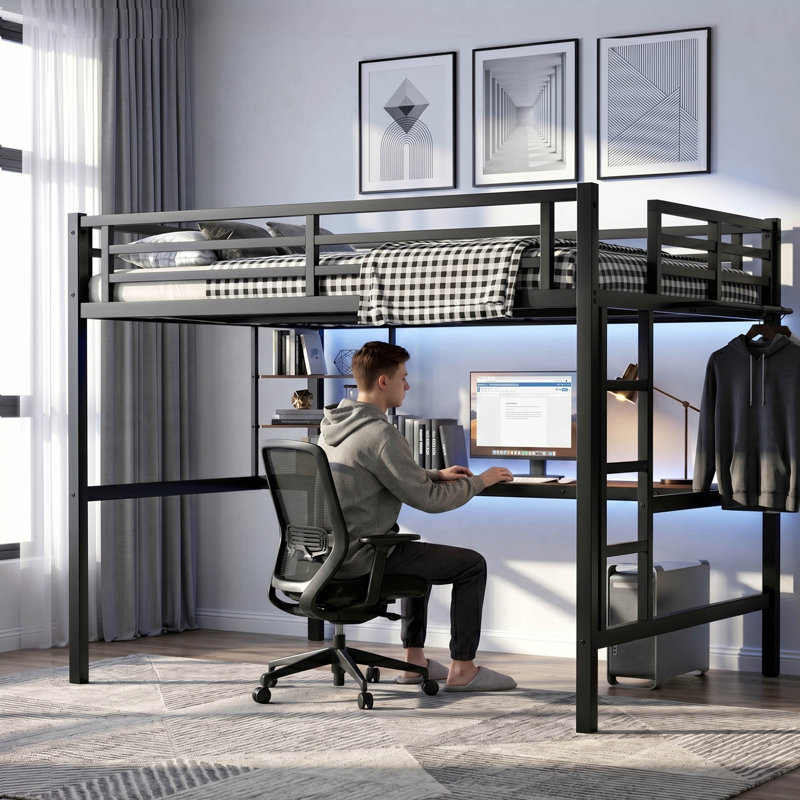 Lit mezzanine double en métal avec bureau intégré et station de charge, Full, Black