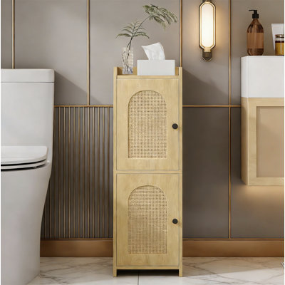 Small Corner Bathroom Cabinet With 2 Doors, Adjustable Shelf, Narrow Toilet Paper Storage For Small Spaces - Rattan Yellow