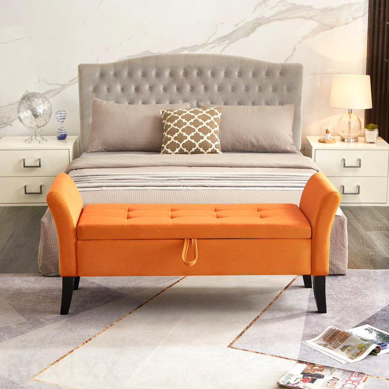 Velvet Upholstered Storage Bench with Tufted Seat & Curved Arms, Orange