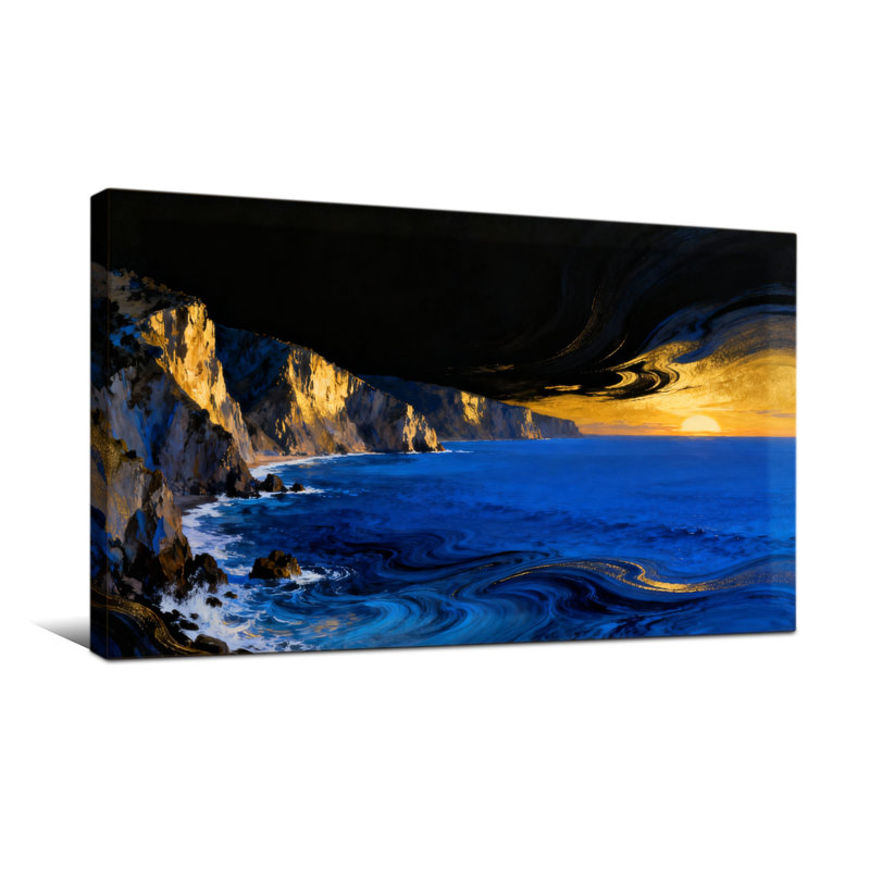 Nautique et plage, océan, vagues, coucher de soleil, falaises, art sur toile, H 28 po x l 58 po