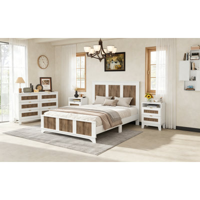 Ensemble de chambre avec grand lit 4 pièces avec autocollants en bois, table de chevet et commode avec poignées en métal, blanc