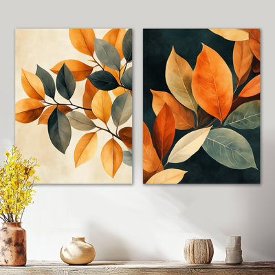 Feuilles botaniques aux tons naturels I - Impression sur toile en 2 parties