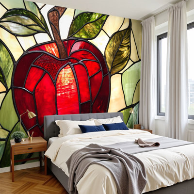 Papier peint à vitrail, papier peint adhésif pommes rouges H 100 po x l 144 po, papier peint amovible en PVC, peinture murale auto-adhésive, décoration pour le salon de la chambre à coucher