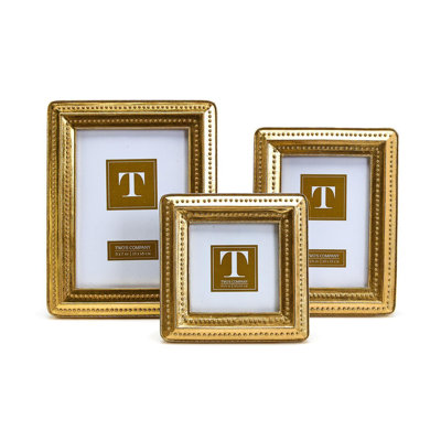 Ensemble de 3 cadres photo à bordure perlée dorée, 23,5 cm de hauteur, en résine et verre, formats 10 x 10 cm, 10 x 15 cm et 13 x 18 cm.