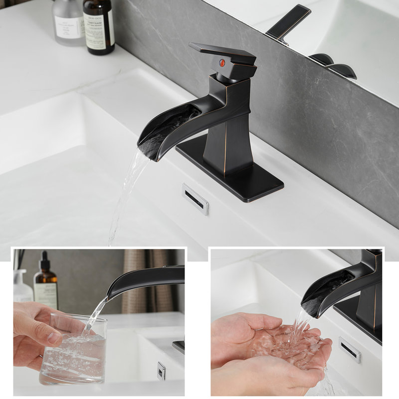 Modern Bathroom Faucet With Deck Mounted Waterfall , Pop Up Drain, Supply Lines, Bronze Finish, Side , Manual Control, Ceramic Filler Plate, Control