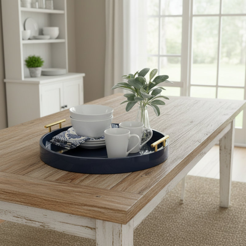 Navy Blue And Gold Round Tray, Modern Decorative Tray, Suitable For Both Storage And Display.