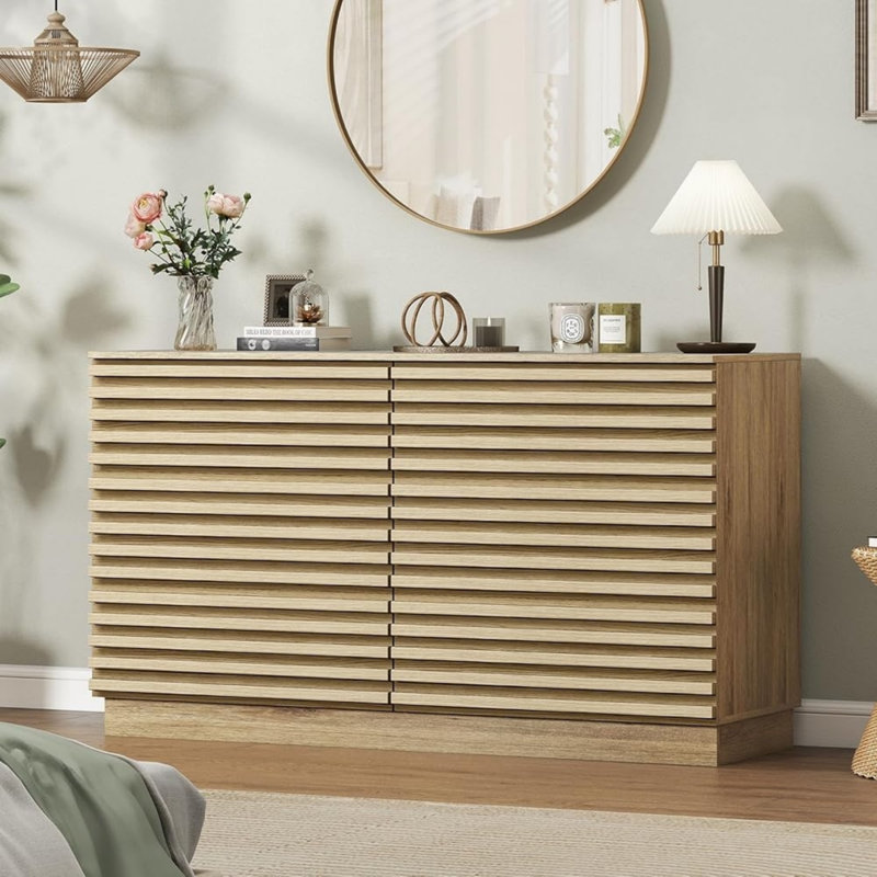 Commode cannelée moderne 47 po à 6 tiroirs avec finition chêne naturel, tiroirs coulissants et ensemble anti-basculement