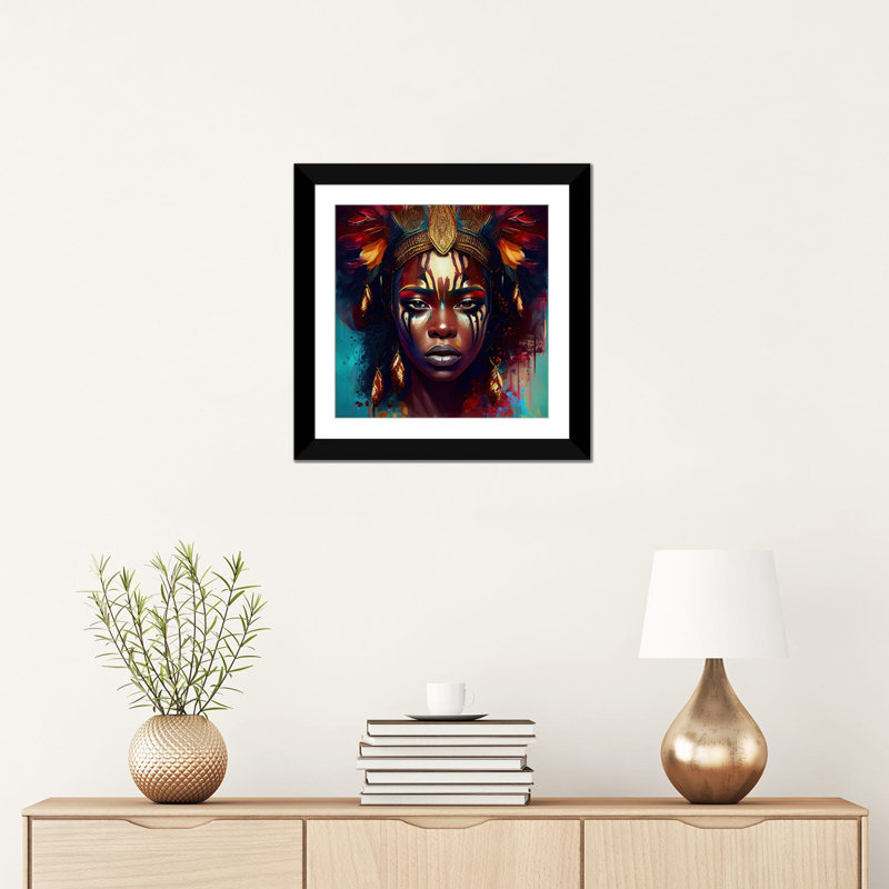 Femme de guerre puissante d'Afrique III, Papier noir avec cadre d'angle ouvert, H 16 po x l 16 po x P 1 po