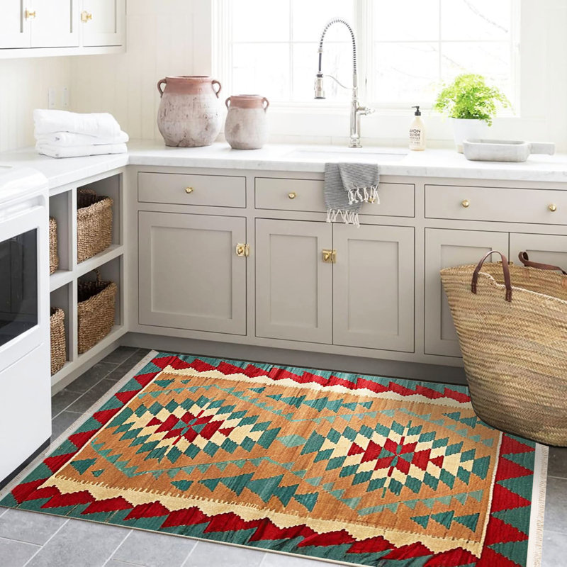 Tapis décoratif à motif tissé vert et orange, Tapis de couloir 2 pi 5,53 po x 9 pi 10,11 po