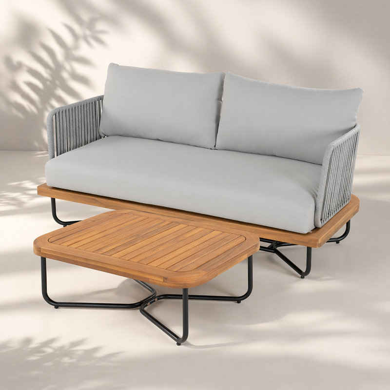 Ensemble de causeuse et de table Lucca en bois d'acacia tissé avec corde, gris, durable et élégant