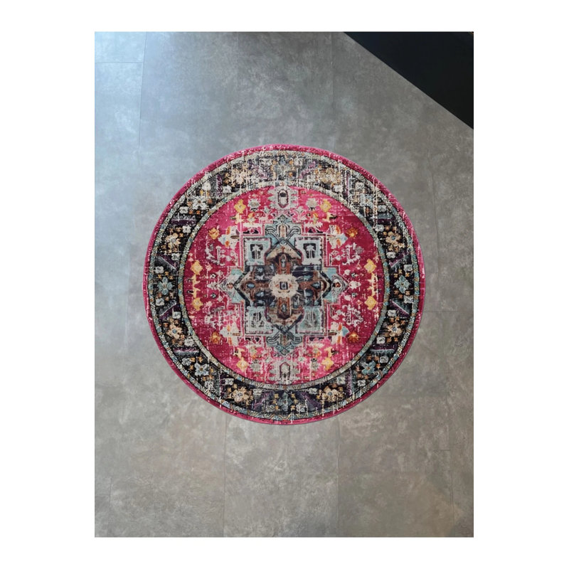 Red Black Themed Multicolored Motif Vintage Woven Base Round Decorative Carpet, Round 3'4"