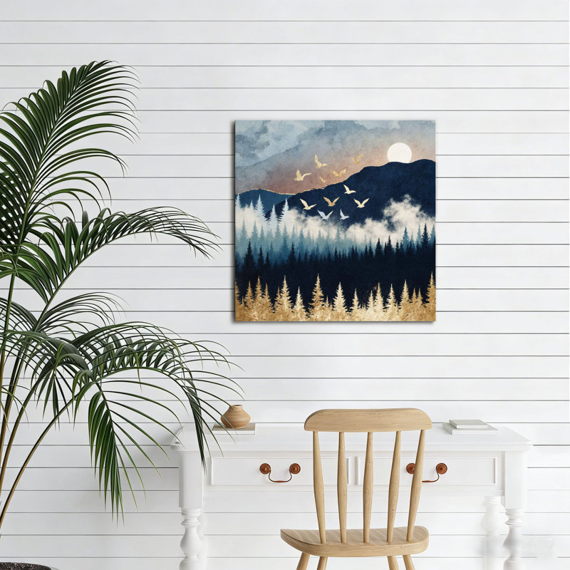 Golden Birds Misty Forest Mountains, art mural encadré en bois, 16 x 16