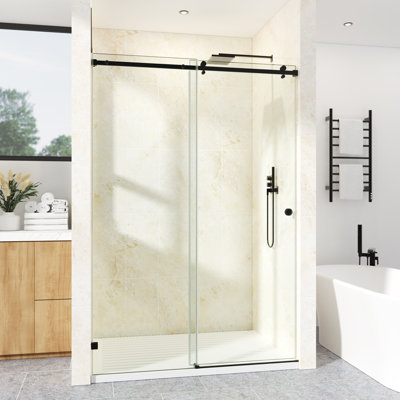 Porte de douche coulissante simple sans cadre l 44 à 49 po x H 76 po avec verre trempé transparent de 3/8 po (10 mm), film incassable et localisateur de trous d'installation