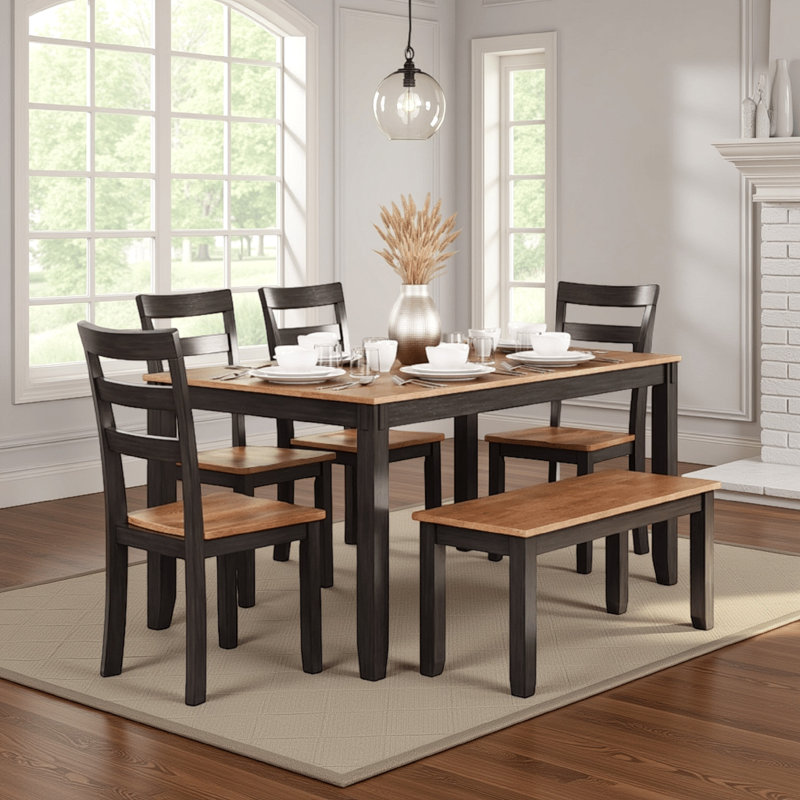 Malkin Dining Table With 4 Chairs And Bench, Set Of 6, Dark Brown, Dark Brown