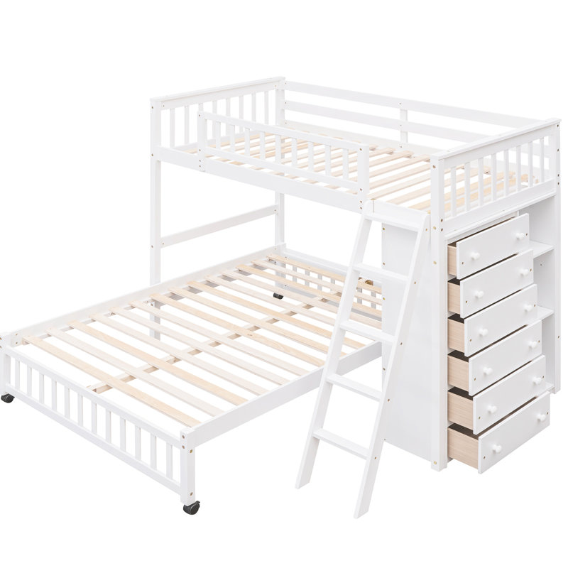 Lit superposé en bois massif avec 6 tiroirs et fond portatif - lit simple sur roulettes amovibles, Lit simple, Blanc