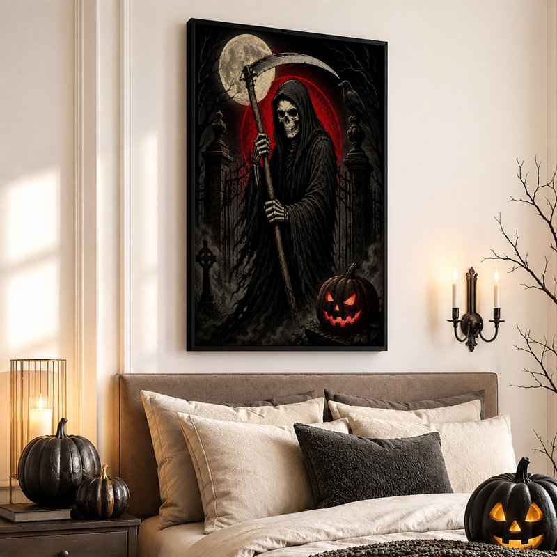 «Grim Reaper with Scythe In Graveyard Near Glowing», art mural sur toile, H 30 po x l 20 po