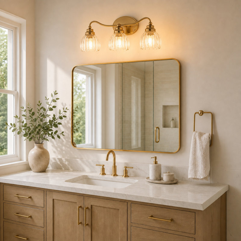 Luminaire de salle de bain 3 lumières Shirley, champagne, or, verre tulipe transparent cannelé de 21,25 po de largeur, acier, à intensité variable, compatible DEL, fixation réversible